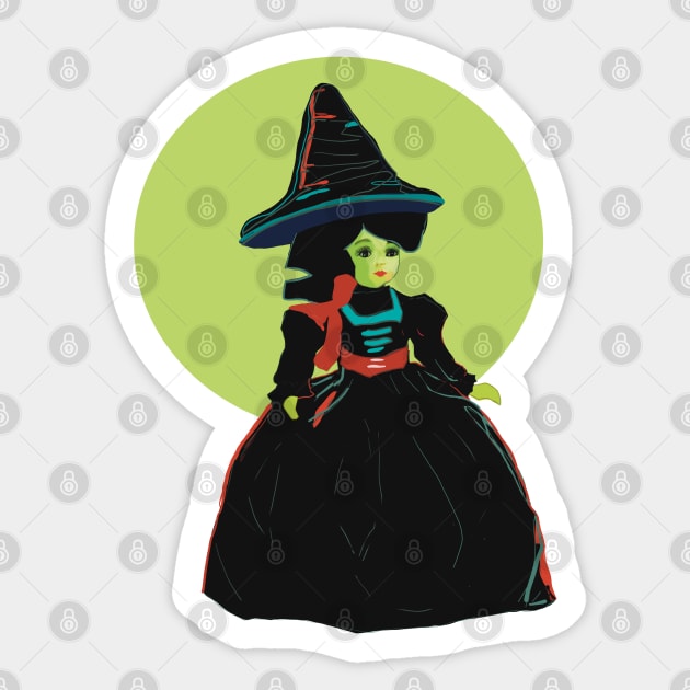 Cute little witch, Wicked Witch  Elphaba (Wizard of Oz) ready to go trick or treating. Sticker by Peaceful Pigments